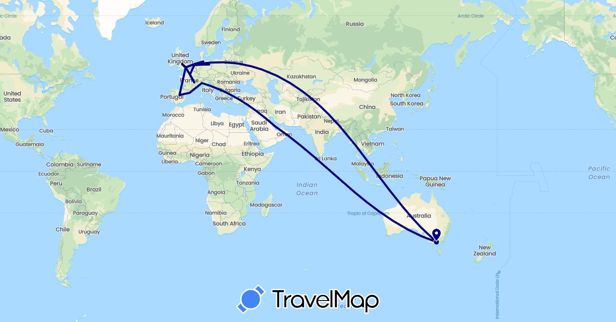TravelMap itinerary: driving in Australia, Germany, Spain, France, United Kingdom, Italy, Netherlands, Qatar (Asia, Europe, Oceania)